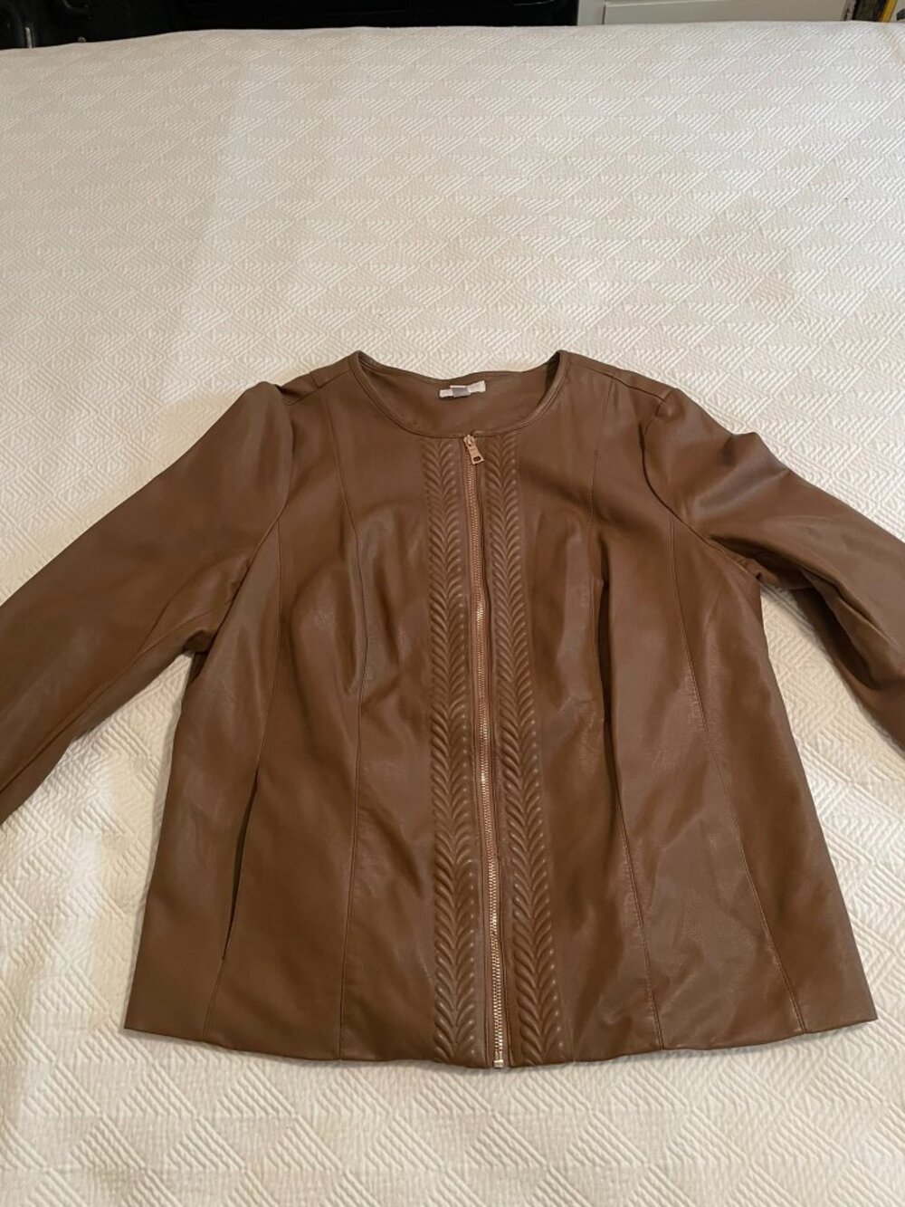Charter Club Woman Cognac Brown Faux Leather Jacket 1X Braided Front Zip